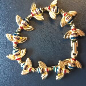 Signed Joan Rivers  Bee Bracelet, Multi-coloured Enamel Stripes On Gold Tone